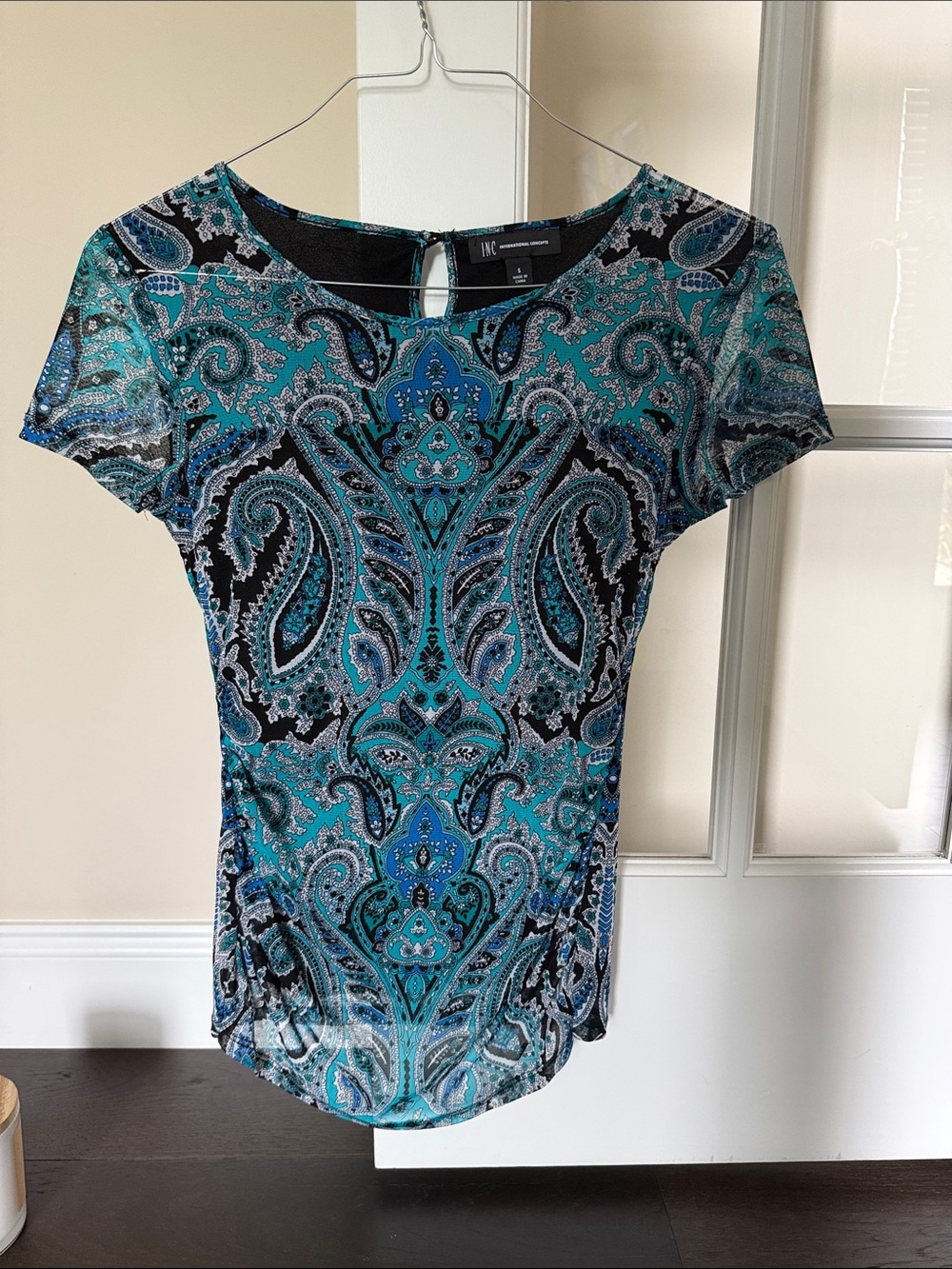 INC International Concepts Small Teal Paisley Short-Sleeve Scoop Neck Top